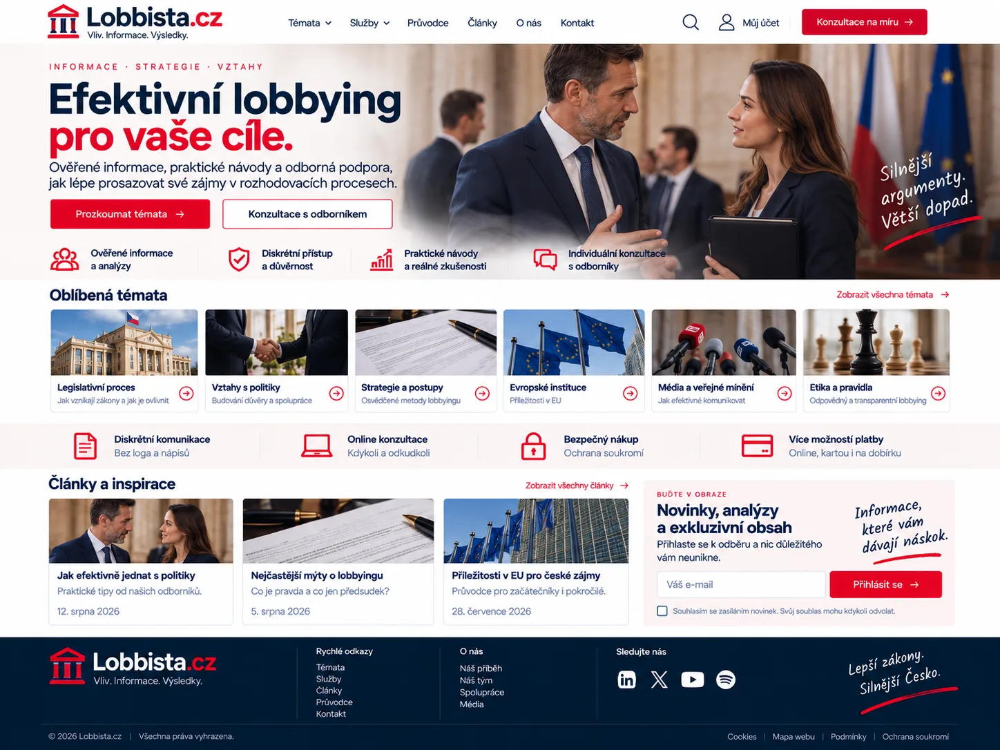 Ilustrační návrh webu Lobbista.cz v tmavě modré, bílé a červené barvě s motivem public affairs